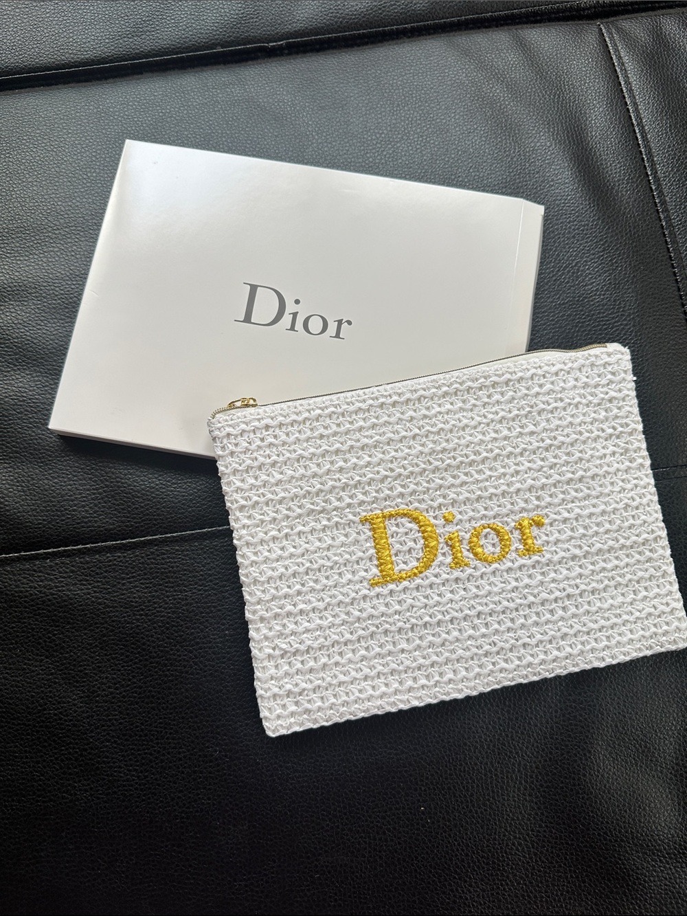 Dior White Crochet Summer Pouch with Gold Embroidered Logo